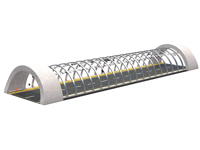 Covered Road Infrastructure With Arched Metal Framework Concrete Sidewalls And Yellow Lane Markings 3d model