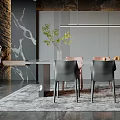 Elegant Modern Restaurant Dining Table With Chairs Marble Wall And Wine Cabinet Rug