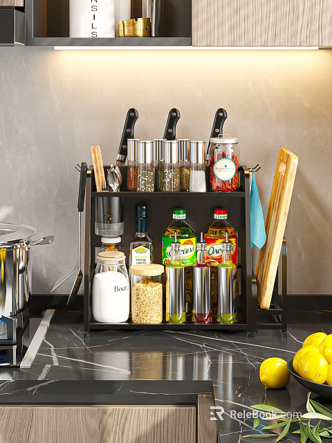 Multi Tier Black Metal Kitchen Storage Rack With Spice Jars Knives And Cutting Board 3d model 