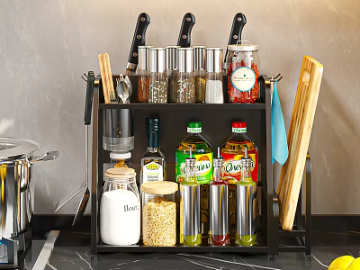 Multi Tier Black Metal Kitchen Storage Rack With Spice Jars Knives And Cutting Board 3d model