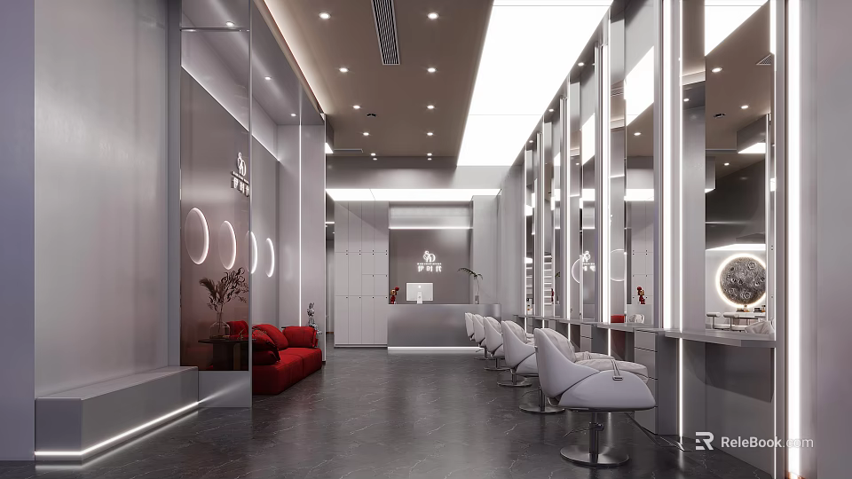 Sleek Modern Beauty Hair Salon Interior Design With Professional Styling Stations And Comfortable Reception Area 3d model 