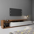 Modern TV Stand With Wooden And White Design Under Wall Mounted TV And Table Lamp