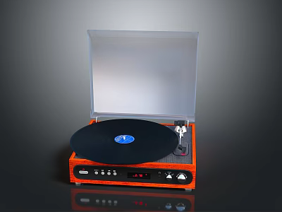 Modern Orange Vinyl Record Player With Transparent Cover Black Record And Control Buttons 3d model