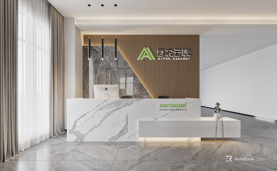 Modern Reception Desk With Marble Countertop And Wooden Backdrop Featuring Brand Logo 3d model 