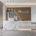 Modern Reception Desk With Marble Countertop And Wooden Backdrop Featuring Brand Logo