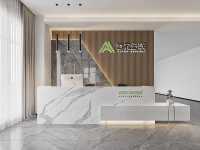 Modern Reception Desk With Marble Countertop And Wooden Backdrop Featuring Brand Logo 3d model