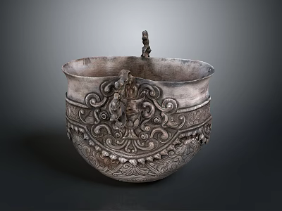 Traditional Intricately Carved Silver Vessel With Ornate Patterns And Small Decorative Handle 3d model
