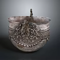 Traditional Intricately Carved Silver Vessel With Ornate Patterns And Small Decorative Handle