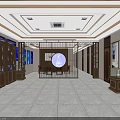 Elegant Showroom Interior With Wooden Shelves Blue Bottles And Display Cabinets