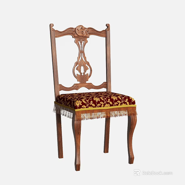 Wooden Dining Chair With Carved Backrest Red Floral Pattern Upholstered Seat Fringe Trim 3d model 