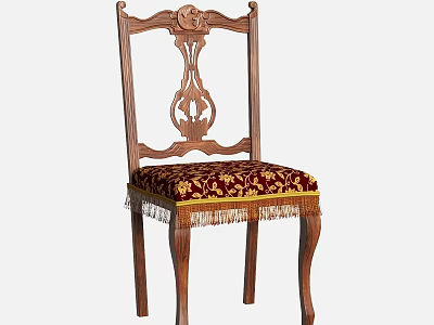 Wooden Dining Chair With Carved Backrest Red Floral Pattern Upholstered Seat Fringe Trim 3d model