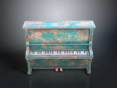 Vintage Turquoise Distressed Piano With Carved Details And Black White Keys For Home Decor 3d model