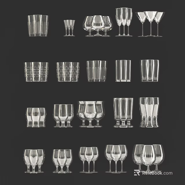 Wine Bottles and Glasses Collection with Various Styles and Designs 3d model 
