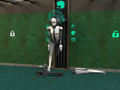 Robotic Character And Mechanical Creature Against Green Wall With Digital Locks And Parts 3d model