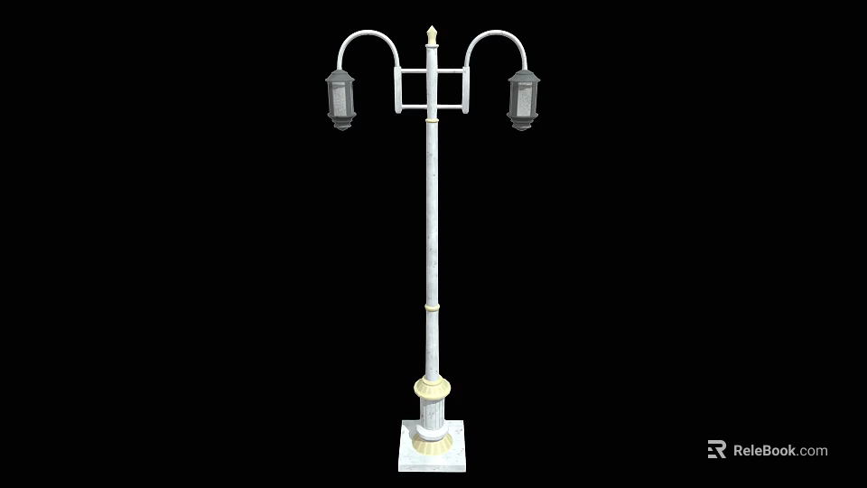 Traditional Roadside Street Lamp With Double Lanterns White Pole And Square Base 3d model 