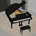 Black Grand Piano With Stool On Round Rug Near White Blinds