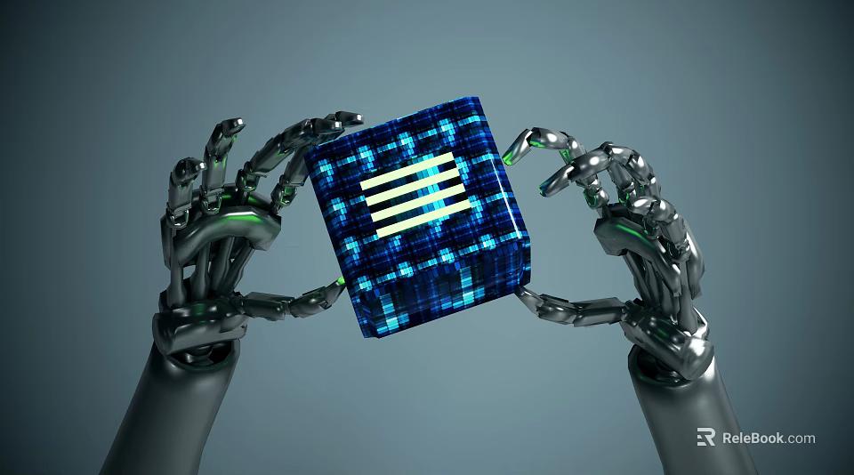 Smart Machines With Mechanical Arms Holding Blue Square Chip With Glowing Lines 3d model 