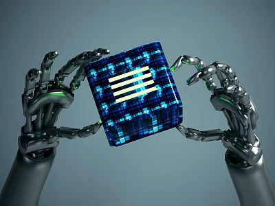 Smart Machines With Mechanical Arms Holding Blue Square Chip With Glowing Lines 3d model
