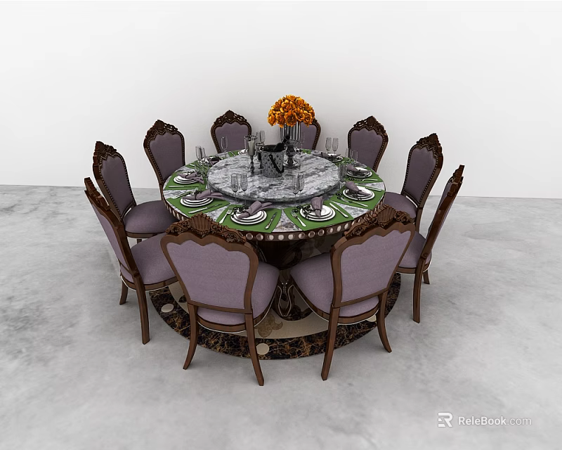 Elegant Round Dining Table Set with Purple Cushioned Chairs and Orange Flower Vase 3d model 