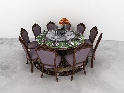 Elegant Round Dining Table Set with Purple Cushioned Chairs and Orange Flower Vase 3d model