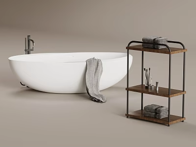White Bathtub with Hanging Towel and Wooden Metal Shelf Holding Toiletries 3d model