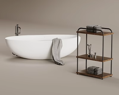 White Bathtub with Hanging Towel and Wooden Metal Shelf Holding Toiletries 3d model