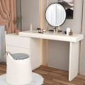 White Modern Vanity with Round Mirror Cosmetics Accessories and Black White Checkered Stool