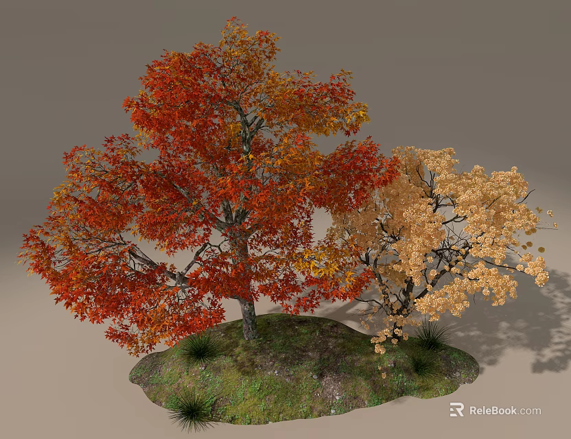 Tree Planter With Colorful Autumn Trees Red Orange Yellow Leaves And Green Grass 3d model 