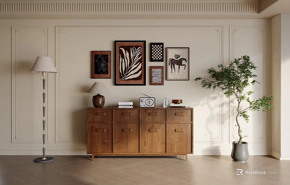 Elegant Wooden Console Table With Decorative Frames Ornaments And Floor Lamp 3d model