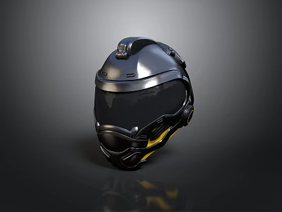 Black Tactical Helmet With Transparent Visor Top Device And Yellow Side Details 3d model