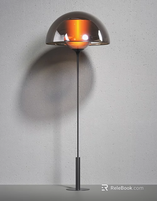 Modern Black Metal Floor Lamp With Orange Round Lampshade And Shadow On Gray Wall 3d model 