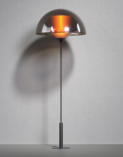 Modern Black Metal Floor Lamp With Orange Round Lampshade And Shadow On Gray Wall 3d model