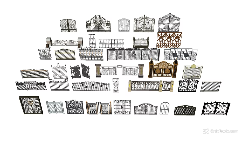 Various Decorative Gate Designs Featuring Wrought Iron Wooden Elements and Ornate Patterns 3d model