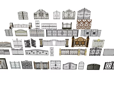 Various Decorative Gate Designs Featuring Wrought Iron Wooden Elements and Ornate Patterns 3d model