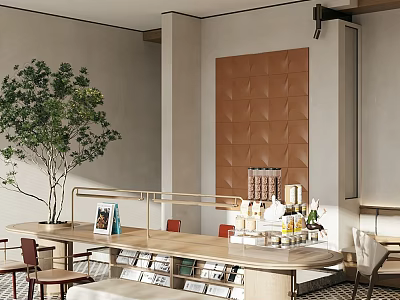 Modern Café Interior Featuring Long Bar Counter Brown DiamondPatterned Wall Green Plant Wine Decorations 3d model