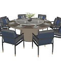 Elegant Round Dining Table Set With Blue Chairs Greenery And White Tableware 3d model