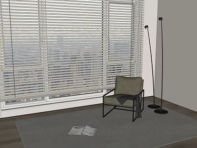 Modern Window Blinds in Bright Room with City View Comfortable Chair Rug and Newspaper 3d model