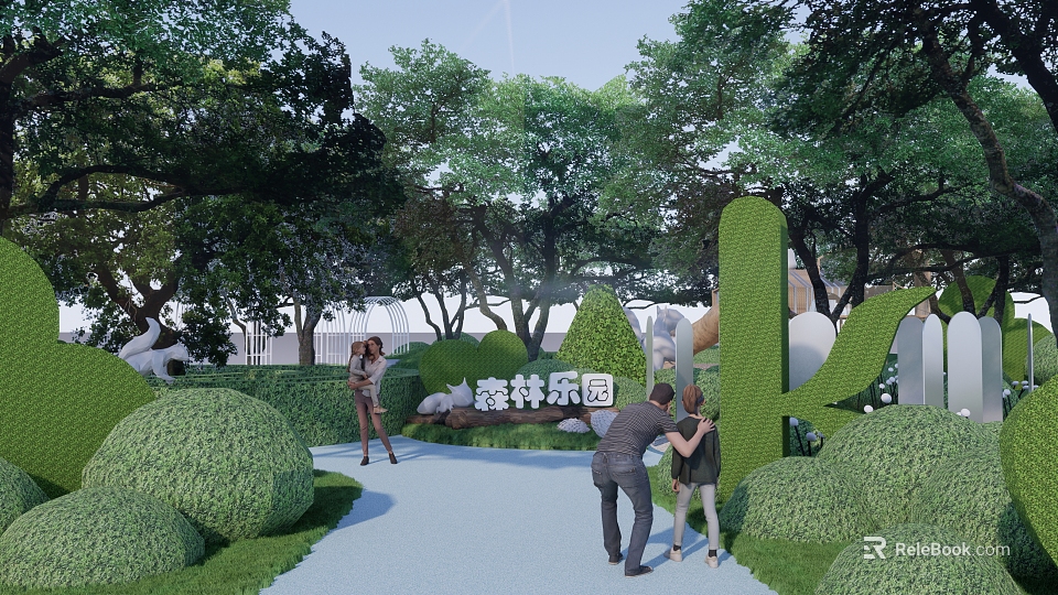 Lush Forest Park Landscape With Green Bushes Cactus Decorations And Visitors Walking 3d model 