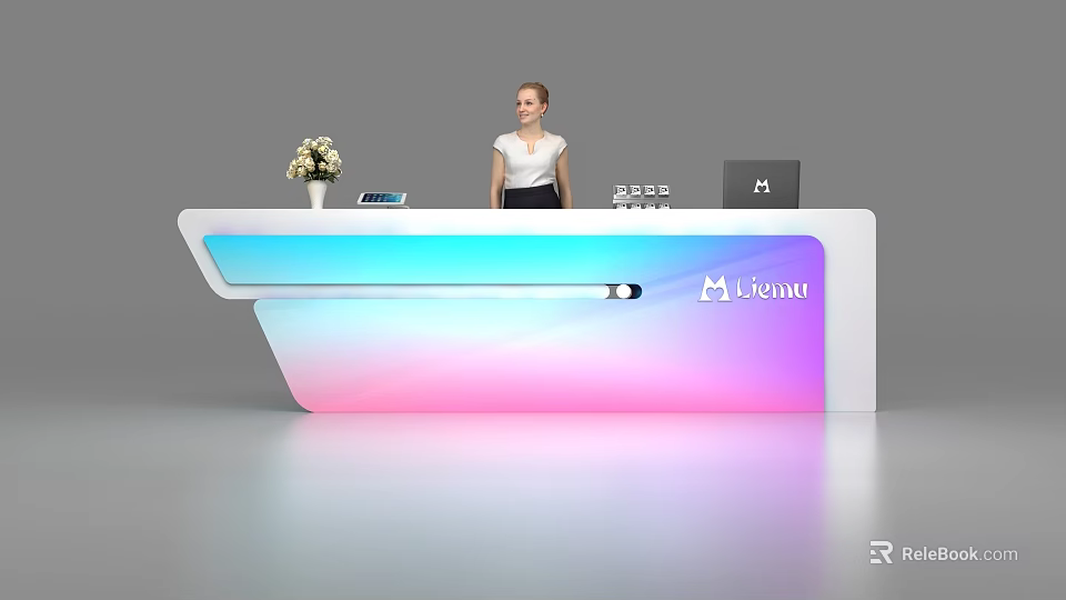 Modern Gradient Color Reception Desk With Flower Vase Tablet Monitor And Licent Logo 3d model 