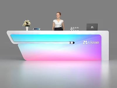 Modern Gradient Color Reception Desk With Flower Vase Tablet Monitor And Licent Logo 3d model