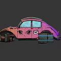 Vintage Beetle Style Car With Pink Orange Gradient Worn Texture Modified Wheels And Glowing Accents
