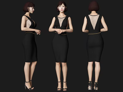 Woman in Black Bodycon Dress with Sheer Mesh Belt High Heels Front Side Back Views 3d model