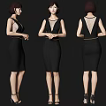 Woman in Black Bodycon Dress with Sheer Mesh Belt High Heels Front Side Back Views