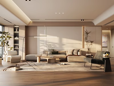 Modern Living Room Interior With Sofa Coffee Table Floor Lamp Plants And Sunlight 3d model