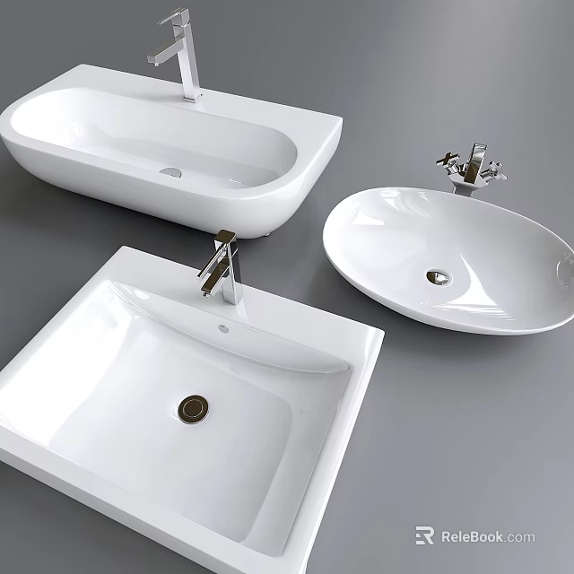 White Ceramic Washbasins With Various Shapes And Modern Faucets On 3d model 
