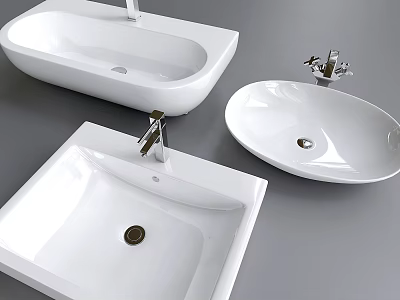 White Ceramic Washbasins With Various Shapes And Modern Faucets On 3d model