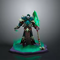 Undead Warrior Statue With Skeleton Decor Green Glowing Aura And Giant Axe On Purple Base