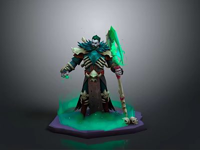 Undead Warrior Statue With Skeleton Decor Green Glowing Aura And Giant Axe On Purple Base 3d model
