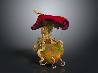 Mushroom Shaped Plant Structure with Small House Door Vines and Mossy Natural Decoration 3d model