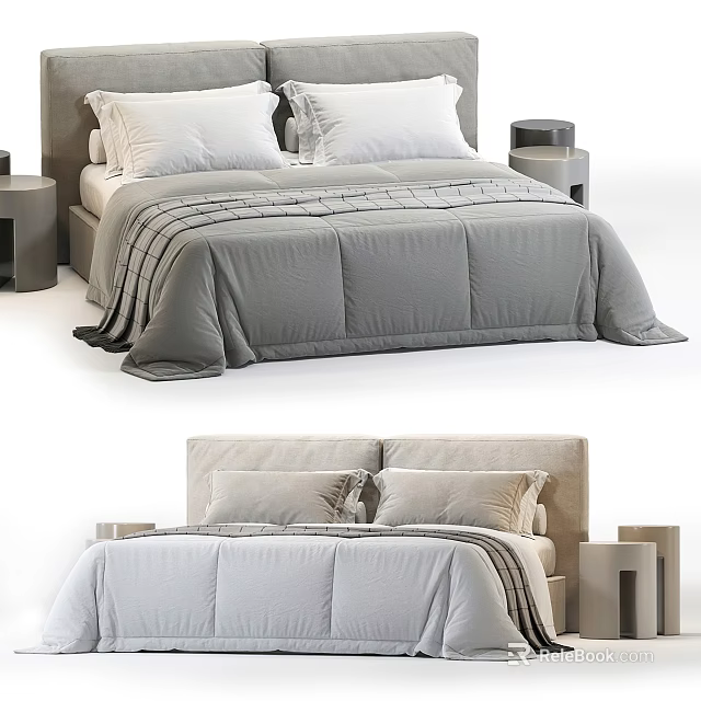 Modern Double Bed Interior With Soft Bedding Pillows Headboard And Wooden Nightstands 3d model 